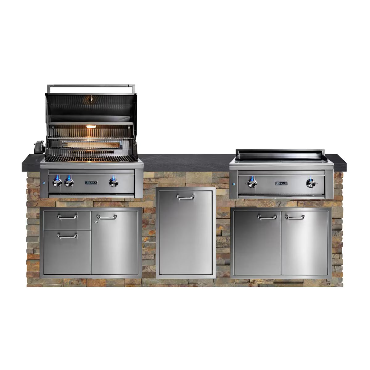 Signature 8ft Luxury Outdoor Kitchen w/ Lynx Professional 30-Inch Propane Grill & 30-Inch Asado - Gold Rush Stone w/ Black Polished Granite